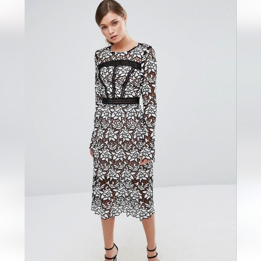 True Decadence Black & White Lace Midi Dress with Floral Overlay